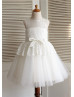 Ivory Lace Tulle Slit Open Back Knee Length Flower Girl Dress 